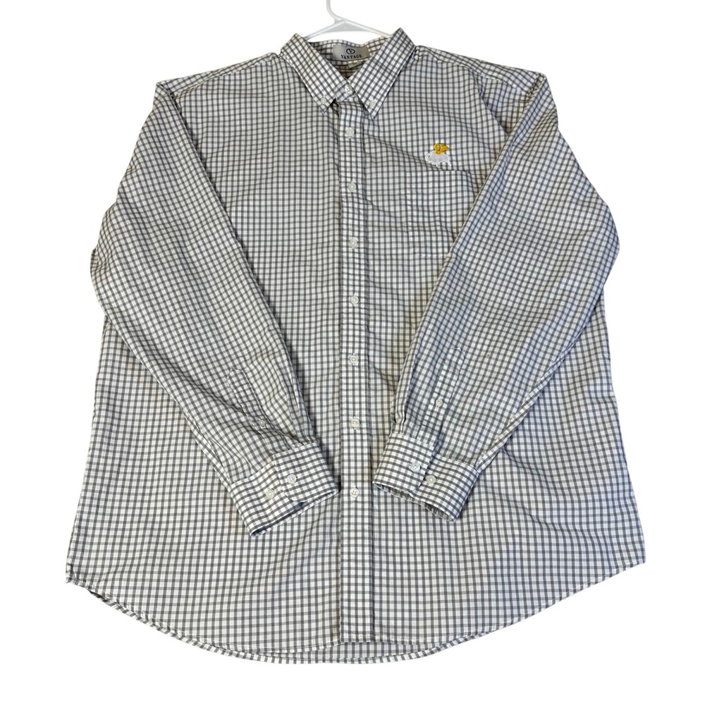 Vantage Mens‎ 2X Grey Gingham Long Sleeve Button Down Shirt Bird Logo Pocket